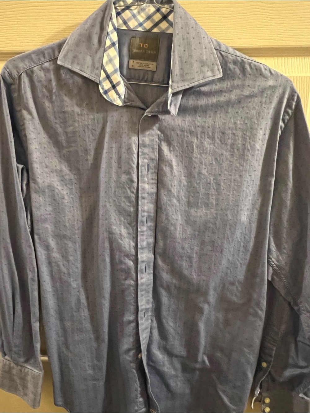 Thomas Dean Men's Light Blue Textured Dress Shirt with Checked Collar Trim